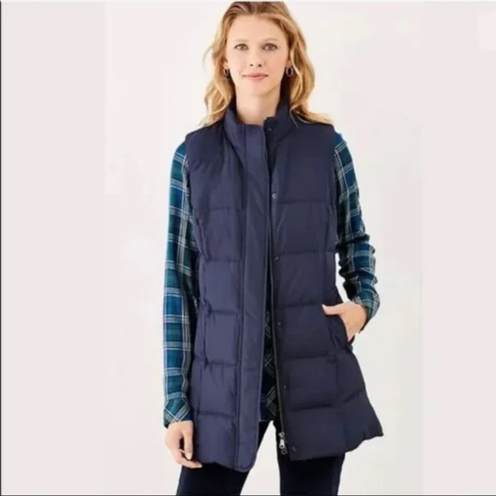 J. Jill Highland Park Long Down Puffer Vest XS Navy Blue X- Small